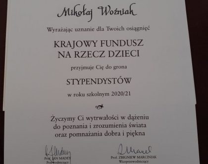Uczeń 2AL stypendystą Krajowego Funduszu na Rzecz Dzieci