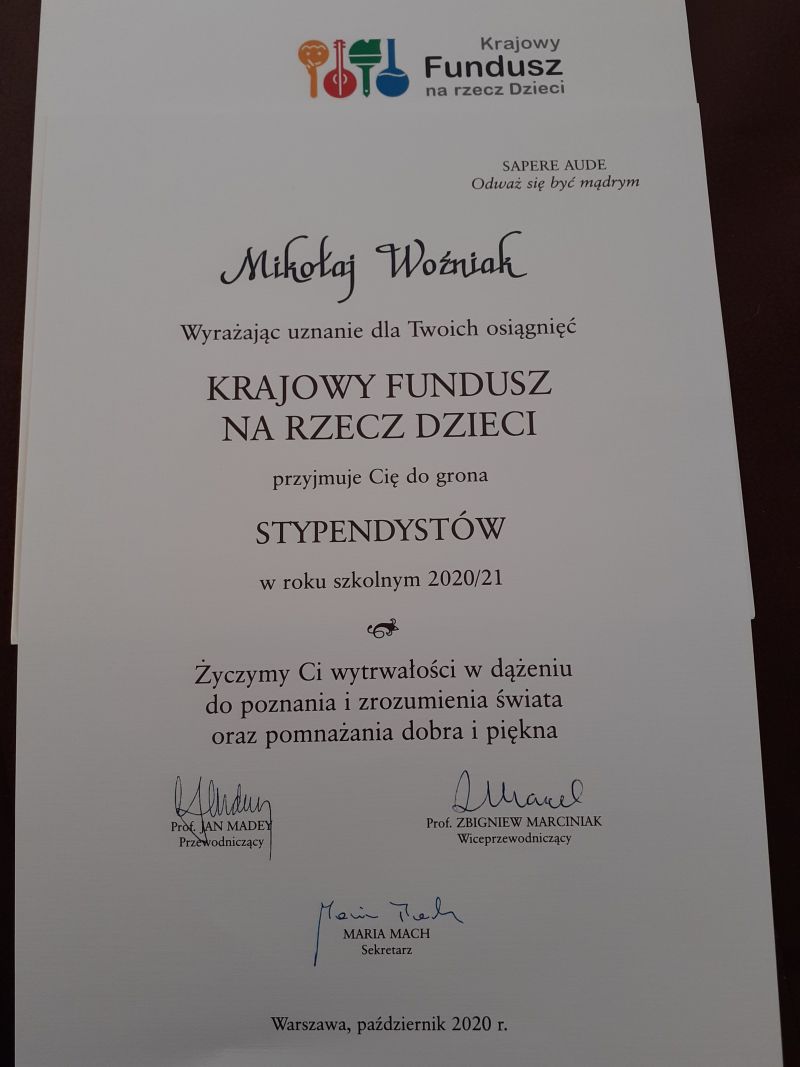 Uczeń 2AL stypendystą Krajowego Funduszu na Rzecz Dzieci