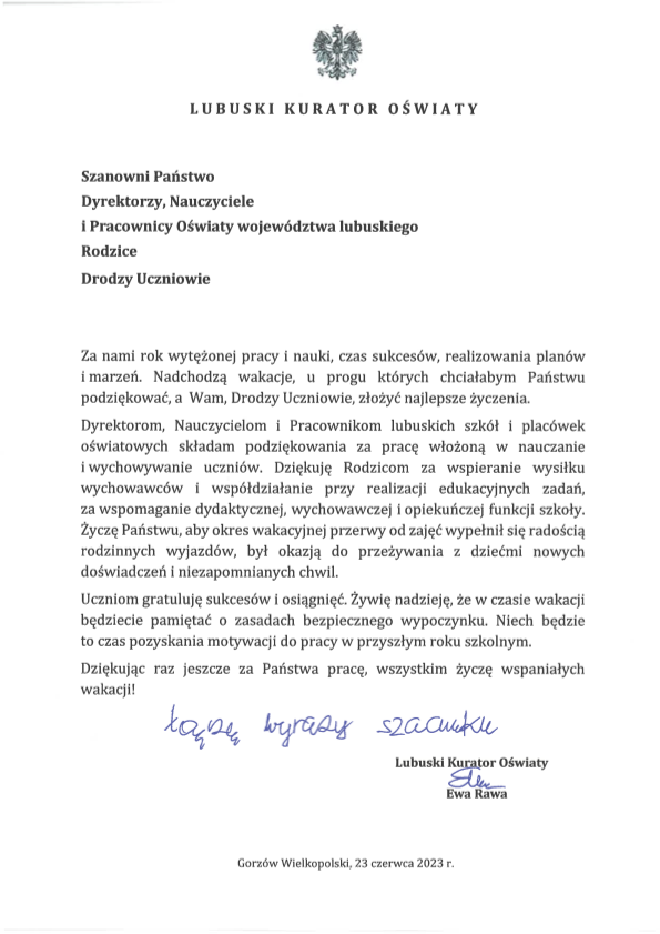 List Lubuskiego Kuratora Oświaty z okazji zakończenia roku szkolnego